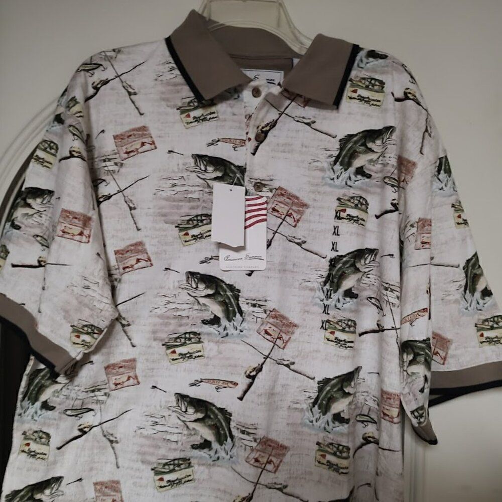 New American Summer White Multi-Color Fish Polo Size Men's XL - Picture 2 of 2